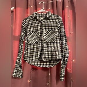 Women’s Black and Cream Plaid Button-Up Shirt (Slightly Cropped)